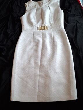 Tahari White Midi Dress with Gold Buckle